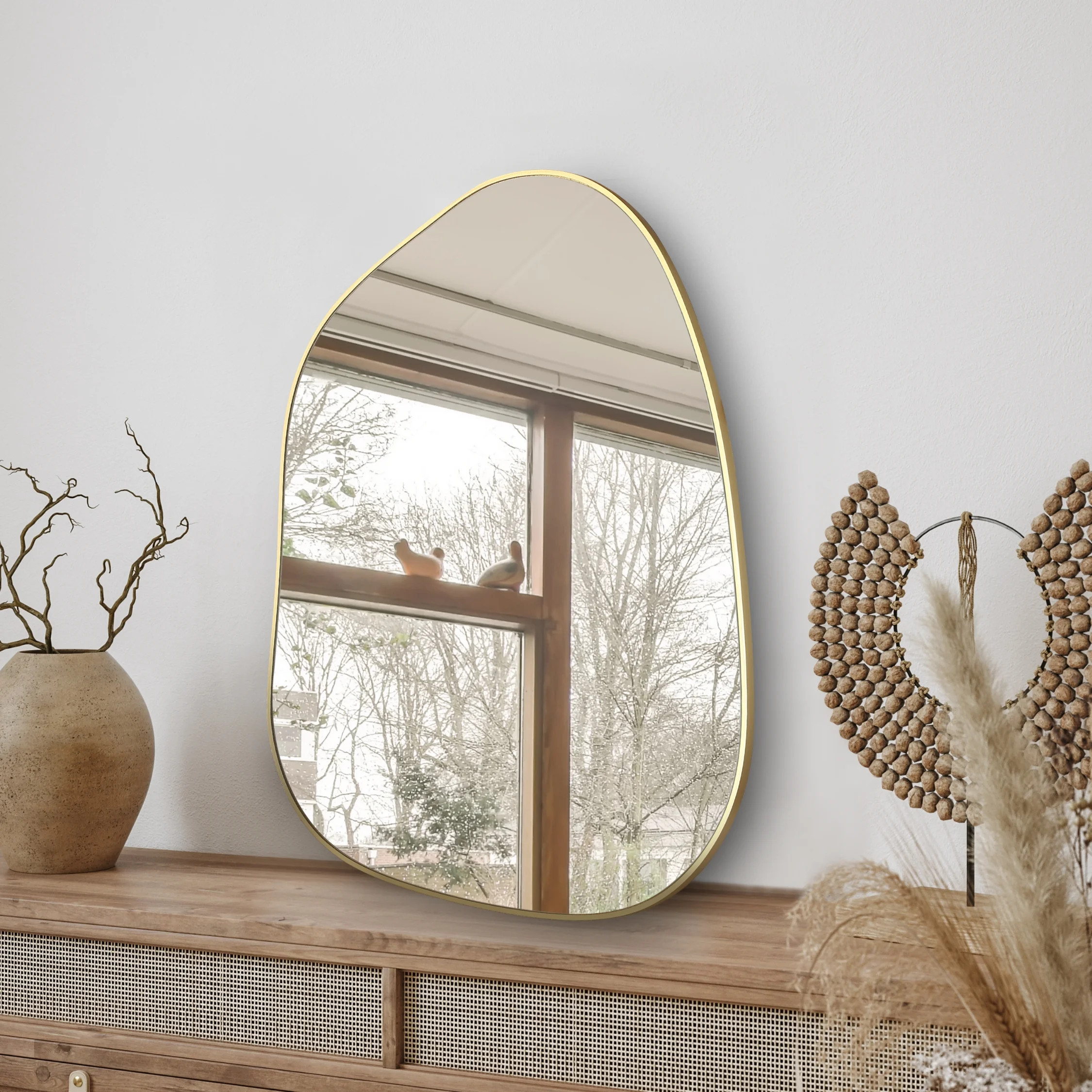 PERFNIQUE Irregular Wall Mirror Asymmetrical Mirror, 28''x20'' Golden Wood Framed Mirror for Bath... | Walmart (US)