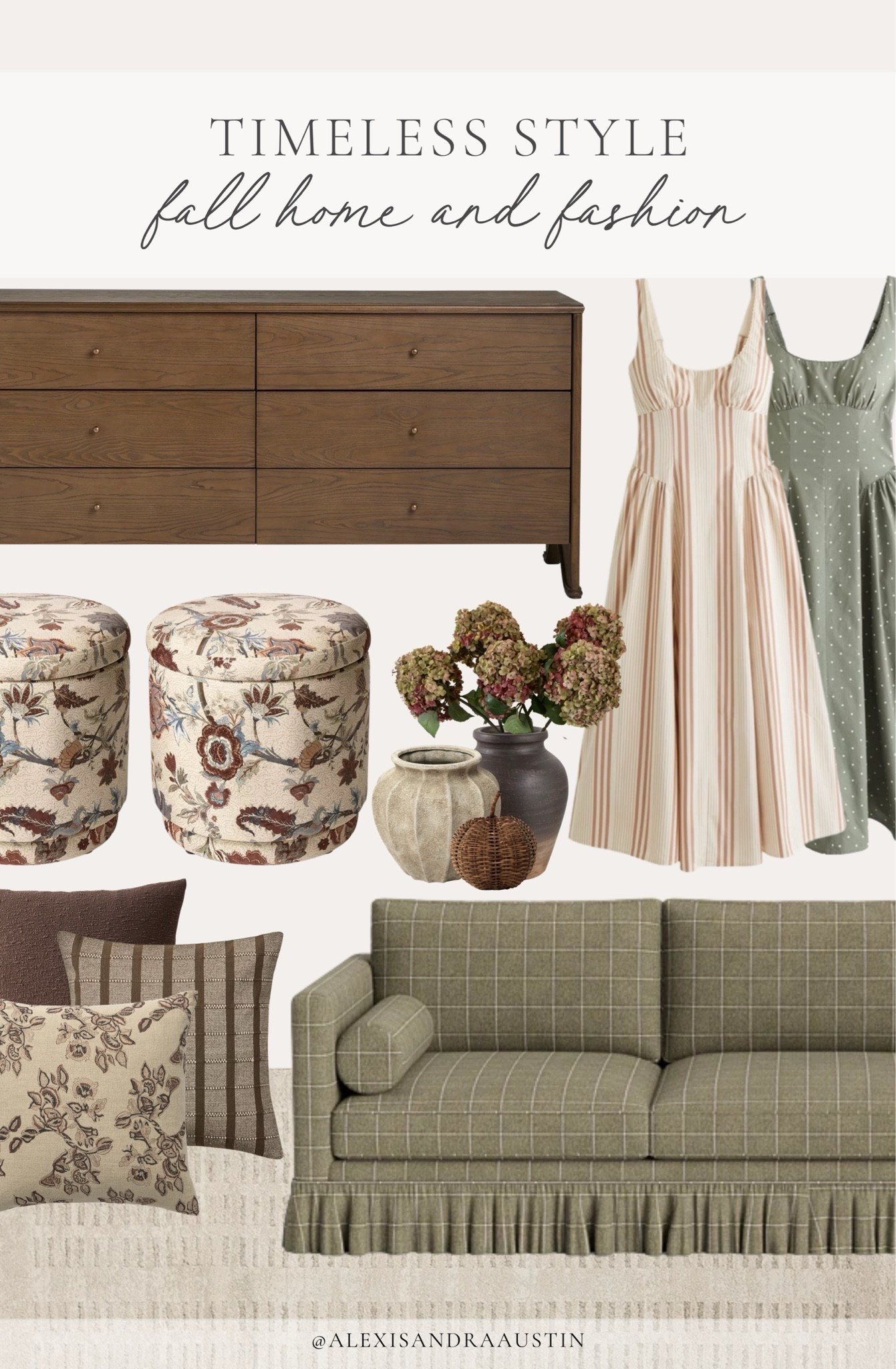 Timeless home and fashion fall inspo! Loving these classic details that transition into any season for a collected, seasonal look.

Home finds, neutral home inspo, fall refresh, collected style, furniture favorites, neutral wood tones, ottoman details, upholstered couch, cozy throw pillow, faux fall stems, neutral decor, Abercrombie, Wayfair, Lulu and Georgia, Target style, Afloral, Loloi, shop the look!

#LTKSeasonal #LTKHome #LTKootd