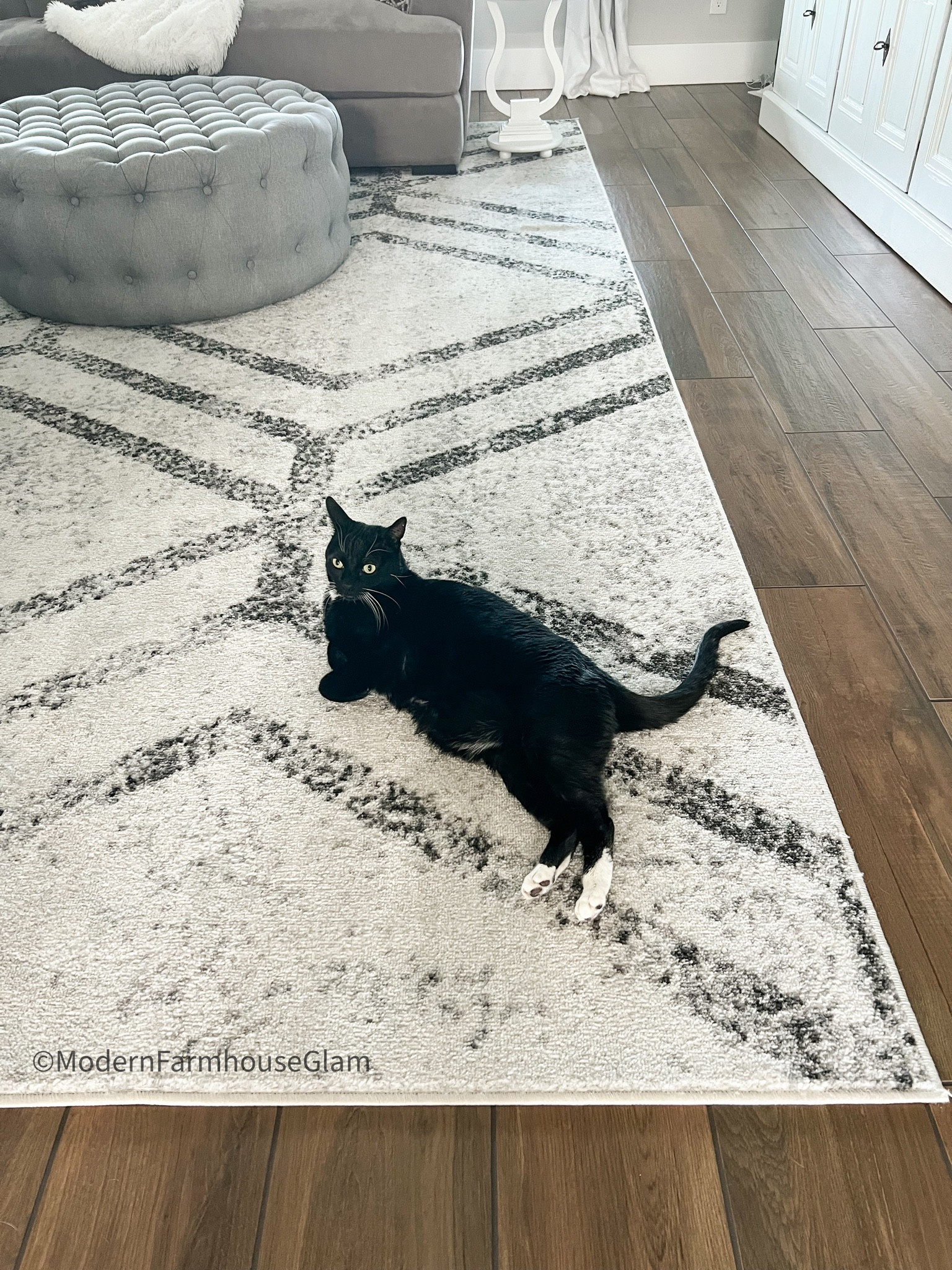 New rug in Livingroom at Modern Farmhouse Glam. 
Furniture, home, decor, ottoman, neutral, area, rug, white and gray rug, distressed rug Amazon home sofa sectional couch grey  

#LTKhome #LTKFind