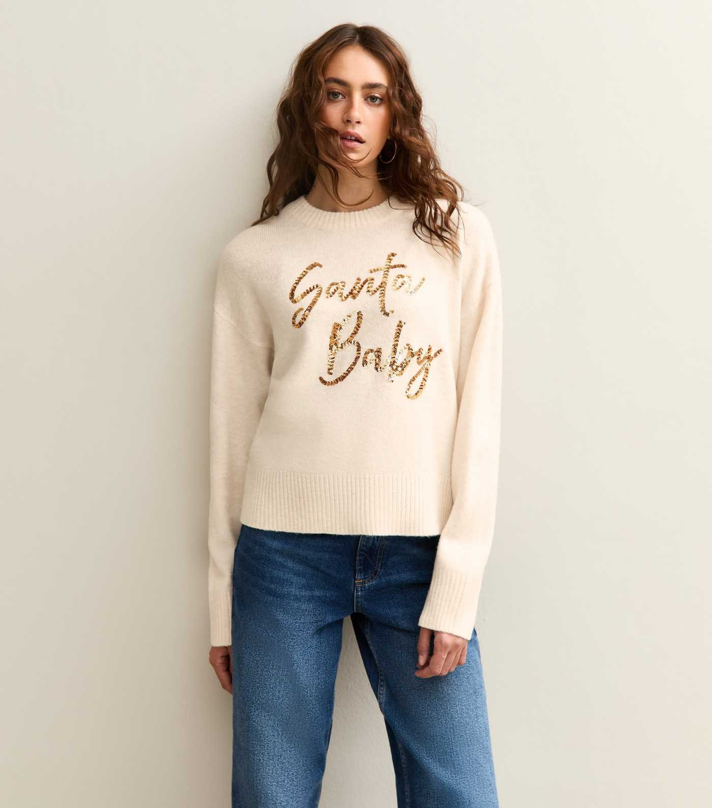 Cream Christmas Sequinned Santa Baby Slogan Jumper | New Look | New Look (UK)