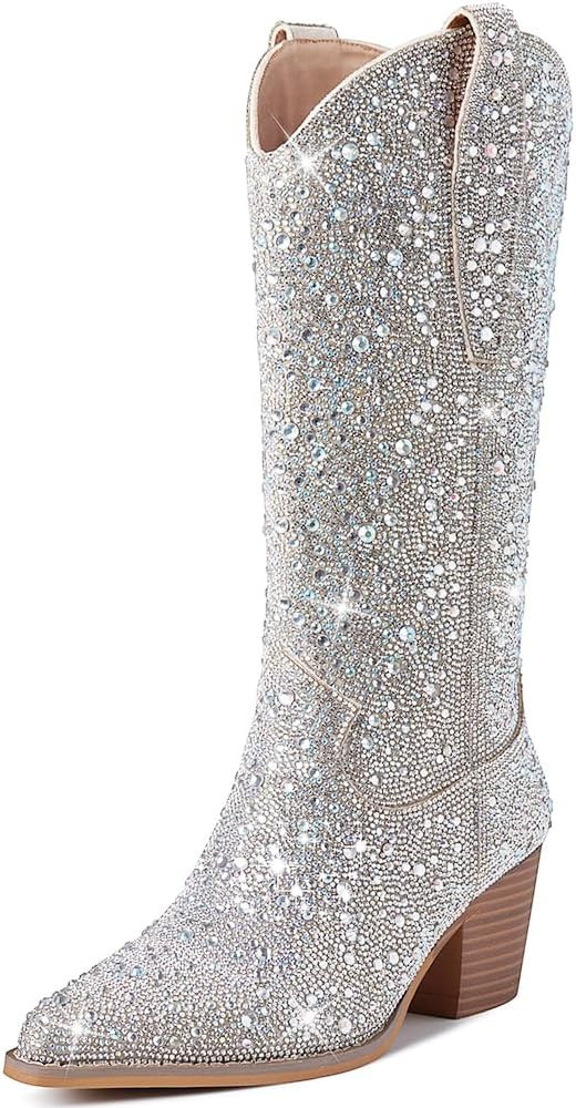 Kalstage Rhinestone Boots Cowboy Boots for Women Pointed Toe Stacked Heels Glitter Sparkly Cowgir... | Amazon (US)