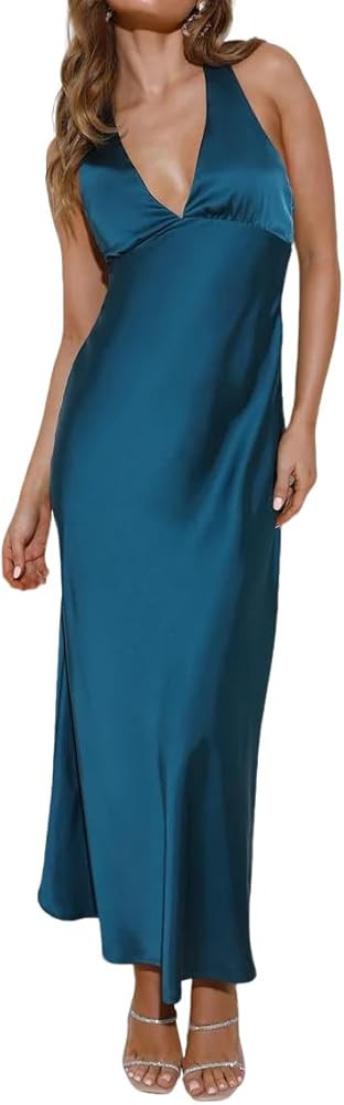 Summer Satin V Neck Backless Maxi Dresses for Women 2025 Silk Sleeveless Formal Bridesmaid Weddin... | Amazon (US)