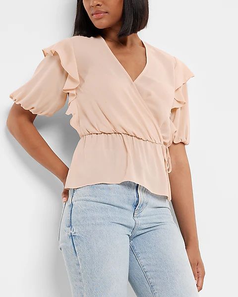 Faux Wrap Puff Sleeve Peplum Top | Express