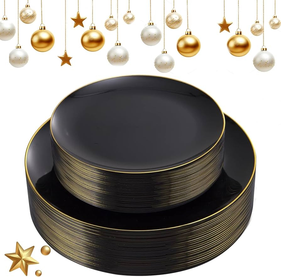 KIRE 60PCS Black Plastic Plates - Black Disposable Plates with Gold Rim for Halloween Party/Gradu... | Amazon (US)
