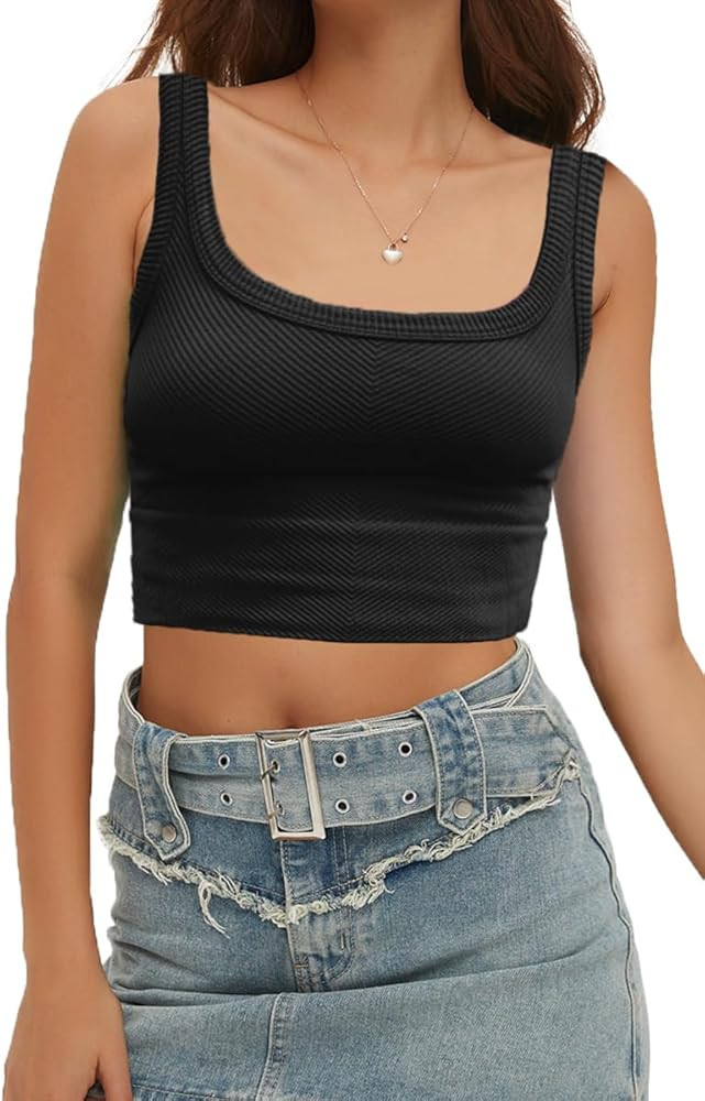 CHYRII Womens Summer Square Neck Going Out Tops Ribbed Basic Tank Crop Workout Tops | Amazon (US)