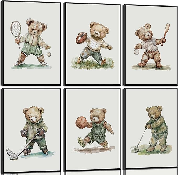 6Pcs Nursery Teddy Bear Sports Wall Art Boy Sports Canvas Wall Decor Vintage Cute Animal Posters ... | Amazon (US)
