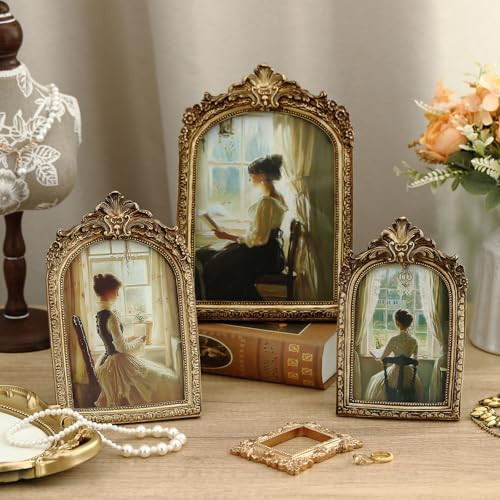 3 Pcs Vintage Picture Frames Antique Set Baroque Ornate Gold Arched Photo Frames with Glass, Tabl... | Amazon (US)