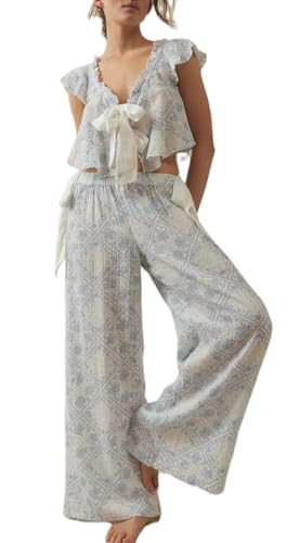 Adoeren Women Y2k 2 Piece Front Tie Pajama Ruched Ruffle Sleeveless V Neck Crop Tops Long Pants L... | Amazon (US)