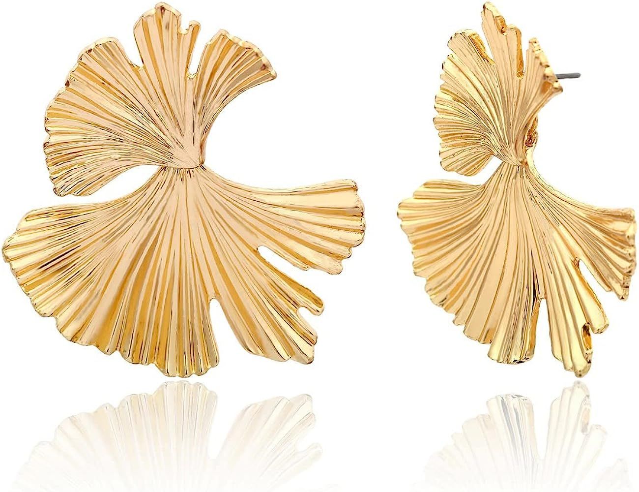 LOKLIFFAI Ginkgo Leaf Flower Earrings, Gold Geometric Statement Earring for Women Girls, 14K Gold Pl | Amazon (US)
