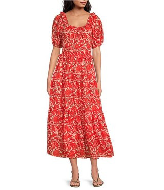 Ro's Garden Percy Woven Floral Print Scoop Neck Short Puff Sleeve Midi Dress | Dillard's | Dillard's