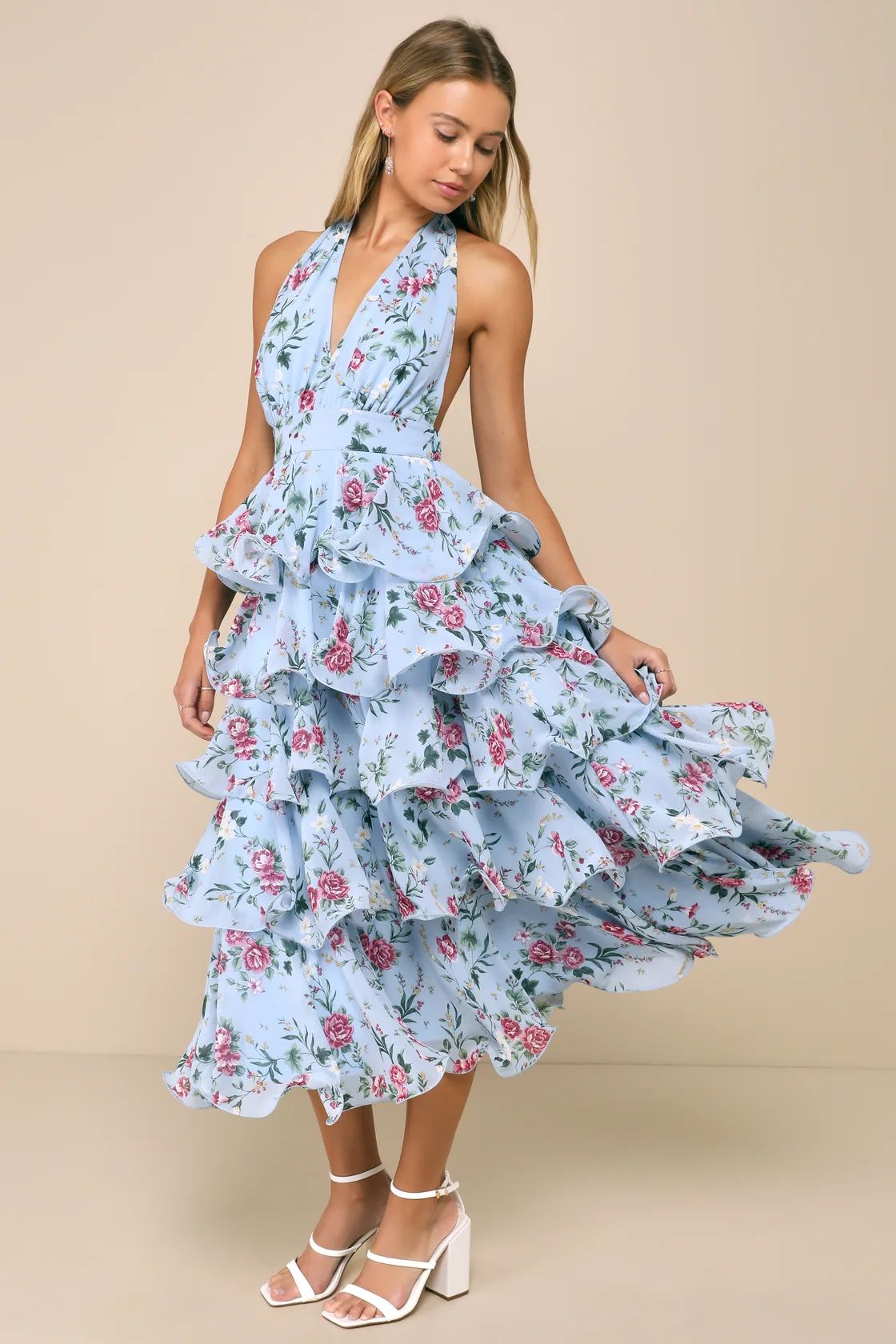 Exceedingly Gorgeous Light Blue Floral Tiered Halter Midi Dress | Lulus