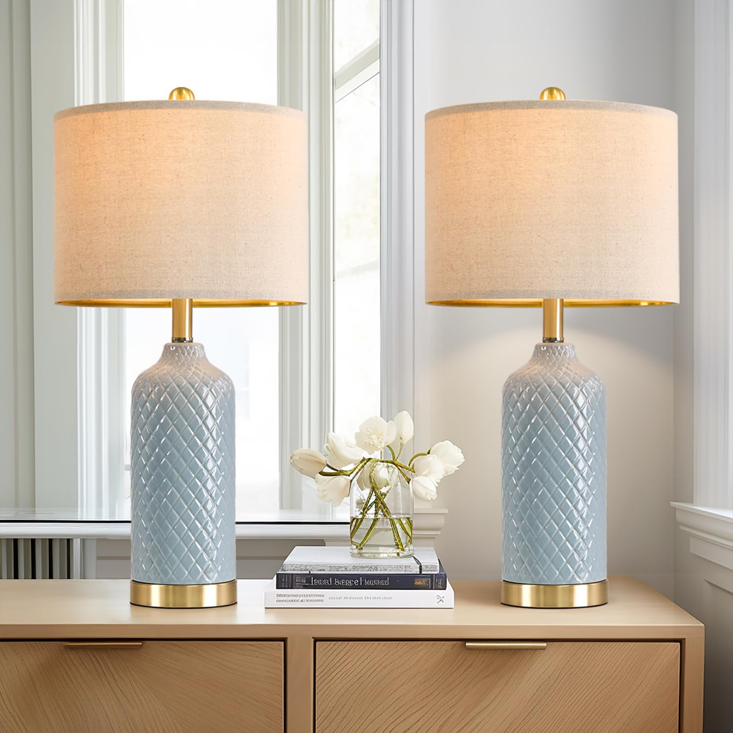 24.25" Modern Ceramic Blue Table Lamps Set of 2 for Living Room, Farmhouse, Bedside, Coastal Bedroom, Side & End Tables | Amazon (US)