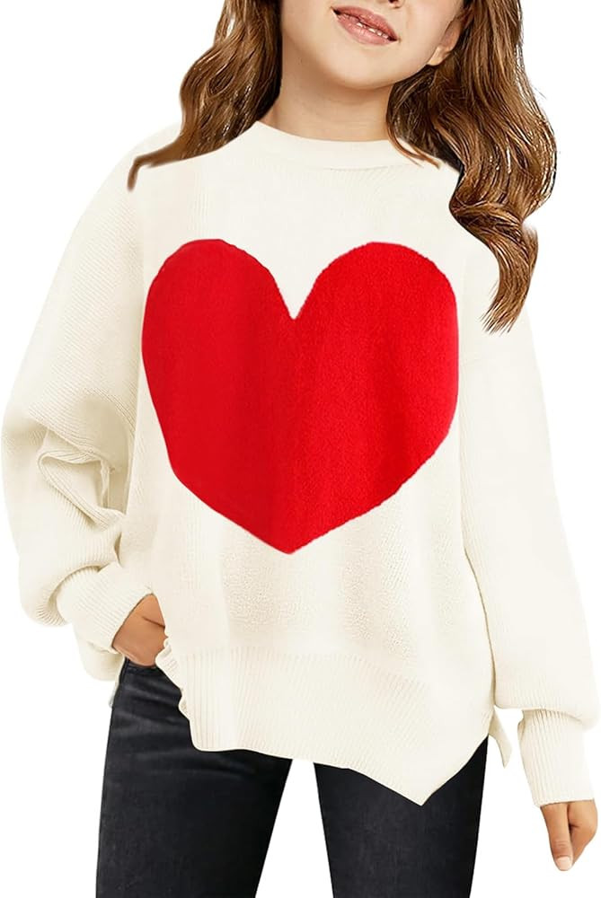Haloumoning Girls Oversized Sweaters Kids Fashion Heart Batwing Sleeve Ribbed Knit Side Slit Pull... | Amazon (US)