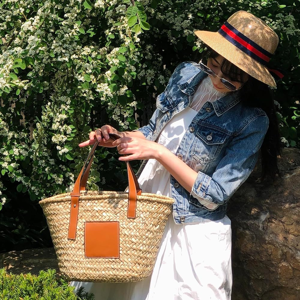 Straw Basket Tote Bag for Women PU Leather Strap Hollow Woven Top Handle Straw Purses and Handbag... | Amazon (US)