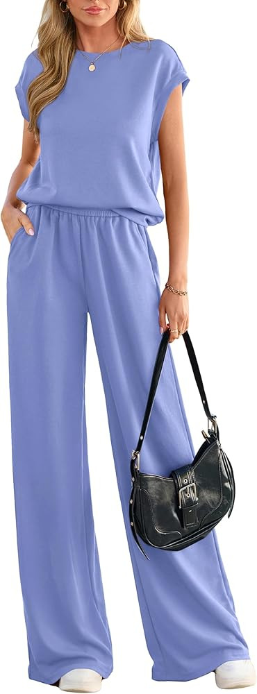 PRETTYGARDEN Women's Summer 2 Piece Lounge Sets 2026 Cap Sleeve Tops Wide Leg Pants Workout Sets ... | Amazon (US)