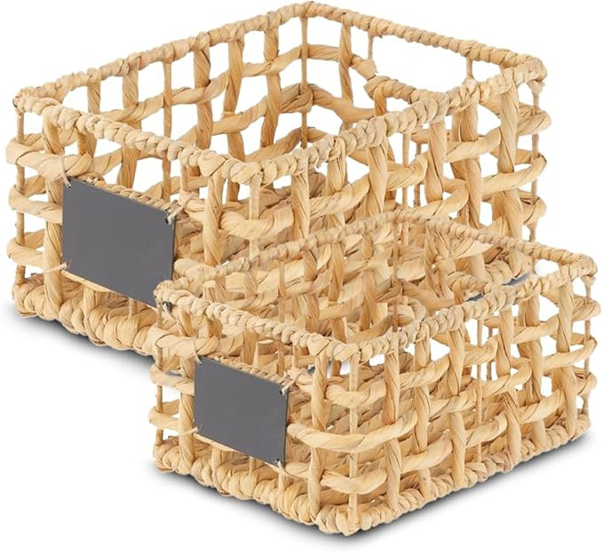 Set of 2 Hyacinth Open Weave Baskets for Organizing, Built-in Chalkboard Label for Kitchen Organi... | Amazon (US)