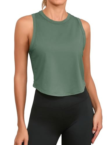Fisoew Womens Workout Cropped Tank Tops Racerback Sleeveless Crewneck Running Yoga Active Shirts Army Green | Amazon (US)