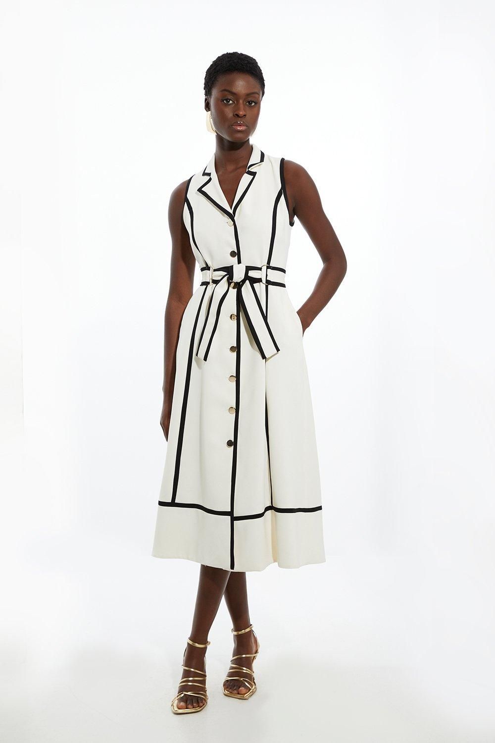 Fluid Tailored Sleeveless Belted Contrast Tipped Midaxi Shirt Dress | Karen Millen UK + IE + DE + NL