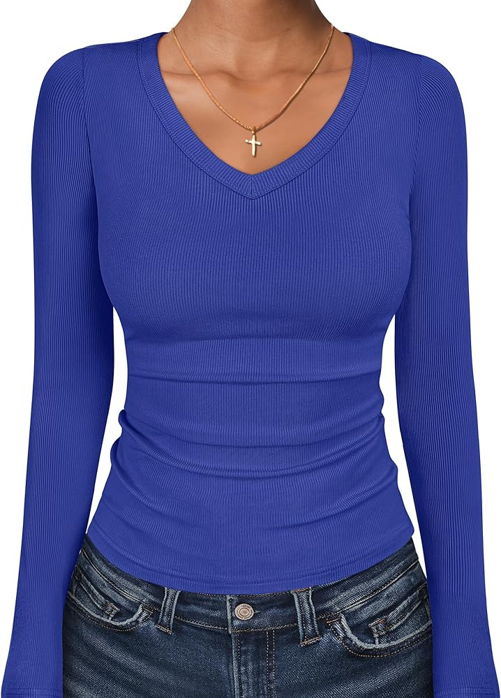 ANRABESS Long Sleeve Shirts for Women V Neck Ribbed Knit Fitted Fall Basic Tshirts Going Out Tops... | Amazon (US)