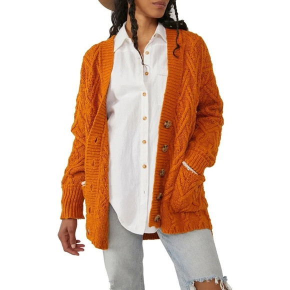Free People Montana Cable Knit Open Front Long Sleeve Contrasting Hem Cardigan S | Poshmark