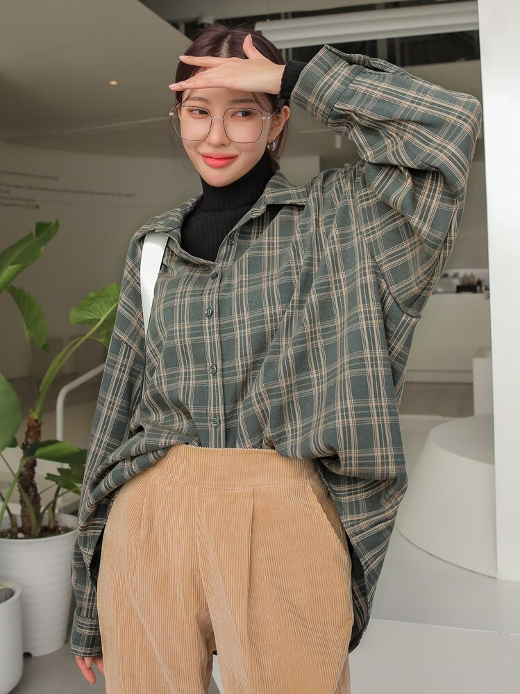 DAZY Plaid Print Drop Shoulder Shirt,Fall Clothes,Flannels Women Long Sleeve Top | SHEIN