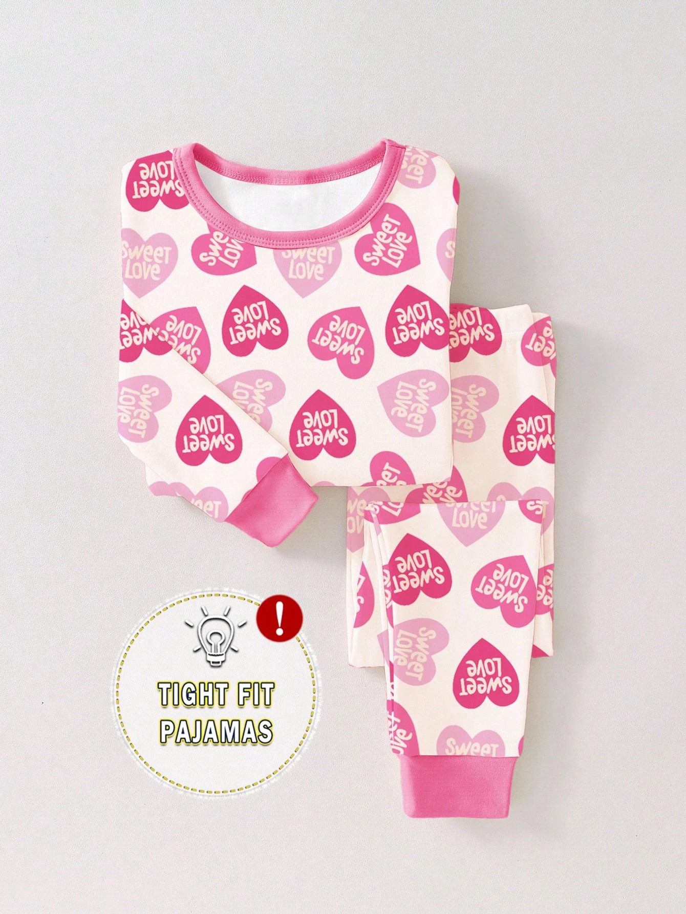 1set Young Girls Pajamas, Snug Fit, English Heart Print, Contrast Color Collar & Cuffs Design, St... | SHEIN