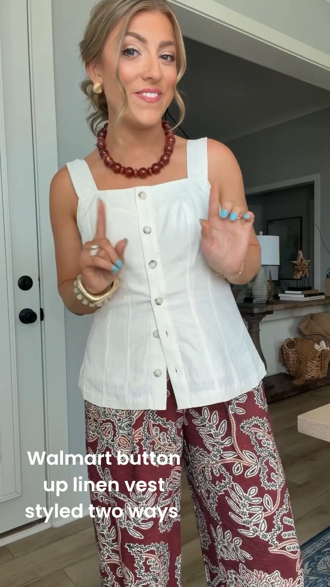 One top, two completely different looks 🤍✨ This white button-front vest from Walmart is one of my favorite new finds because it’s so versatile!

For a polished, elevated look, I paired it with these gorgeous printed wide-leg pants that look straight out of a boutique. Then I styled the same vest with classic denim shorts for an easy everyday outfit that’s perfect for running errands, grabbing lunch, or heading out on vacation.

I love finding pieces that work overtime in my closet, and this vest does exactly that. The tailored fit, button-front detail, and lightweight fabric make it such a staple for summer styling.

✨ Wear it with printed pants for a chic, elevated outfit
✨ Pair it with denim shorts for a casual everyday look
✨ Lightweight and breathable
✨ Easy to mix and match with pieces you already own

Walmart fashion continues to impress me with pieces that look so much more expensive than they are!

#WalmartFashion #WalmartFinds #AffordableFashion #SummerStyle #VestTrend #WideLegPants #DenimShorts #OOTD #FashionFinds #CasualChic #StyleInspiration #BudgetFriendlyFashion #SummerOutfits #WalmartStyle

#LTKootd #LTKPetite