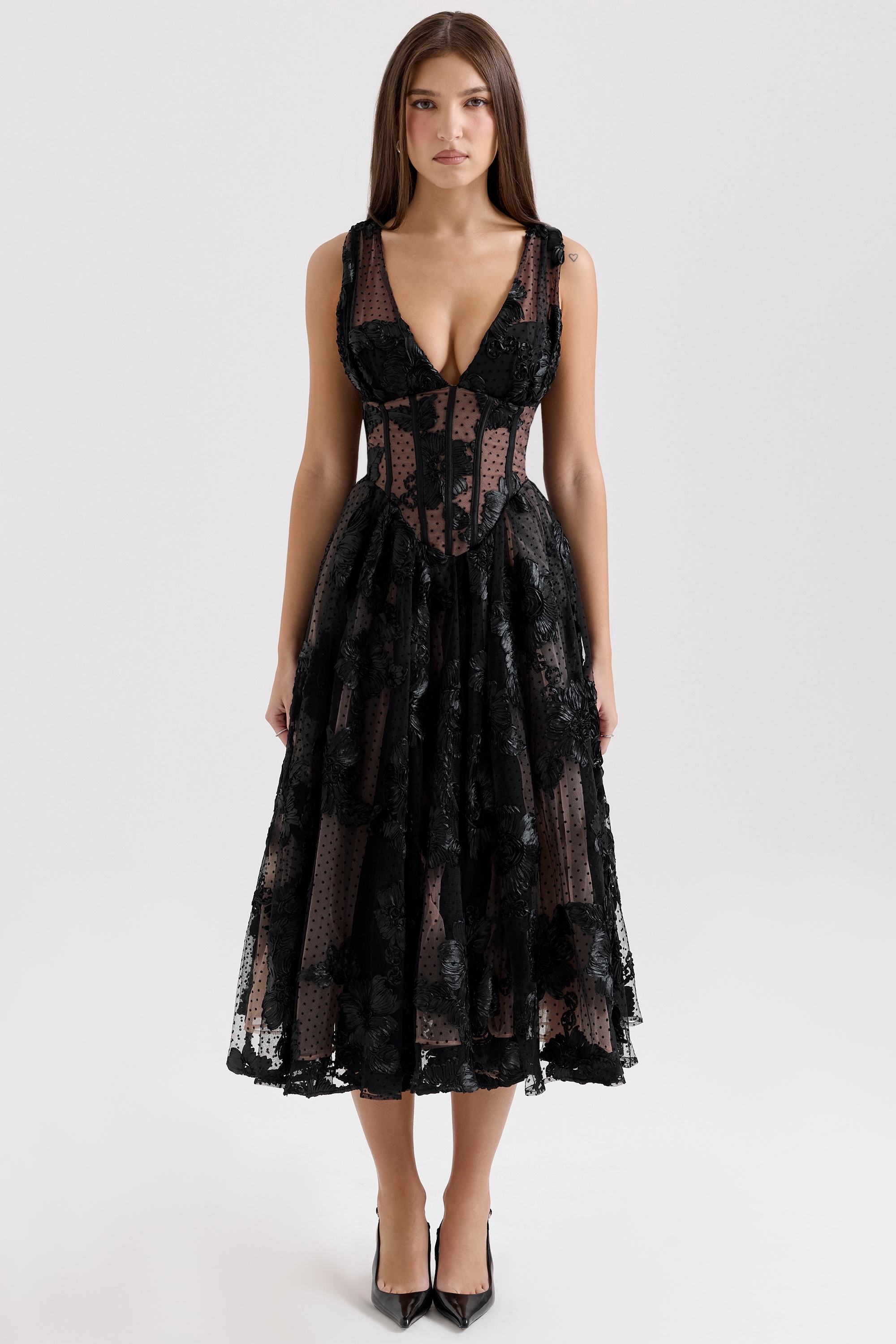 black embroidered tulle corset midi dress | House of CB