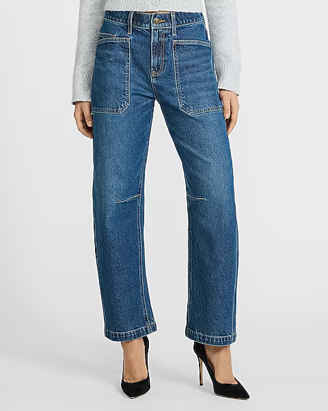 Mid Rise Medium Wash Utility Barrel Jeans | Express