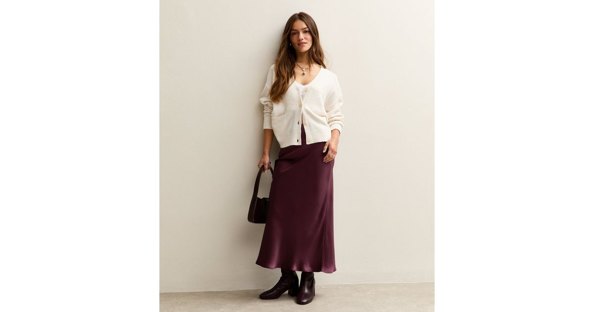 Petite Dark Burgundy Satin Bias Cut Midi Skirt | New Look | New Look (UK)