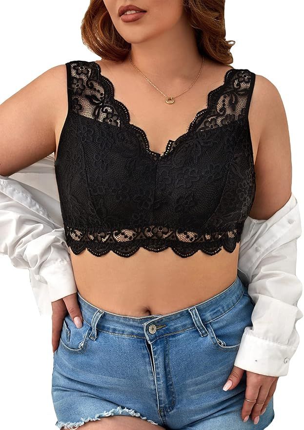 OYOANGLE Women's Plus Size Floral Lace Scallop Trim Wireless Bra V Neck Bralette | Amazon (US)