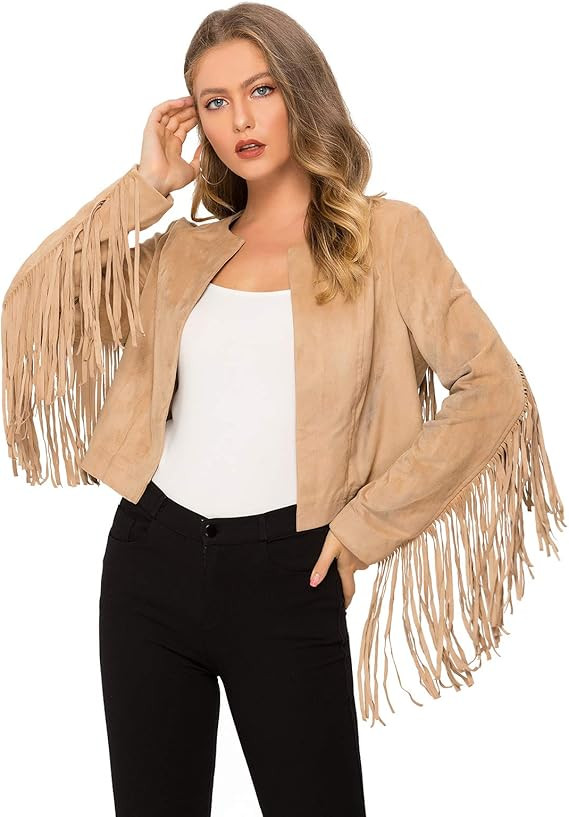 Women's Fringe Jacket Long Sleeve Faux Suede Cowgirl Jackets Open Front Tassel Coat Moto Biker Ja... | Amazon (US)