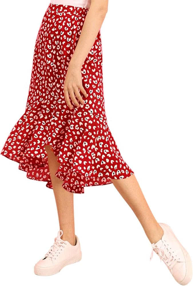 Women's Leopard Floral Printed Ruffle Hem Mermaid Asymmetrical Midi Skirt | Amazon (US)