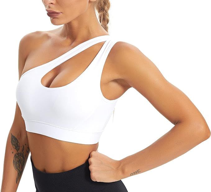 MATHACINO One Shoulder Sports Bra for Women Sexy Cute Workout Yoga Bra Medium Support | Amazon (US)