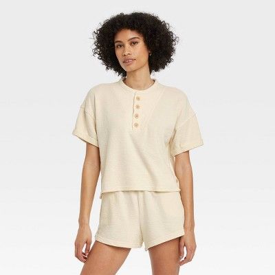 Women&#39;s Short Sleeve French Terry Henley Shirt - Universal Thread&#8482; Cream M | Target