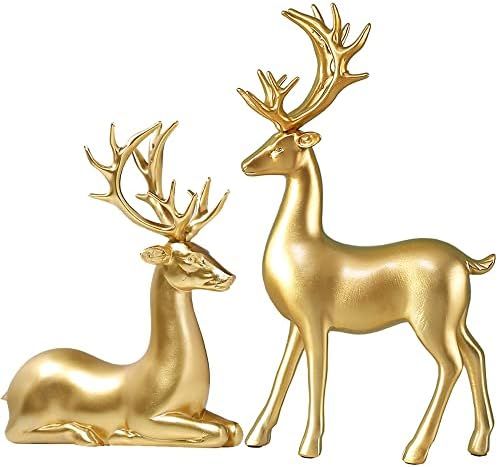 FANTESTICRYAN 2pcs Reindeer Sculpture Gold Resin Christmas Elk Statues Home Office Decorative Dis... | Amazon (US)