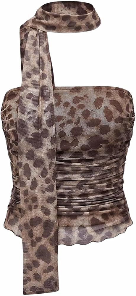 Women's Leopard Print Tube Top Cheetah Print Top Ruched Strapless Mesh Halter Tops for Women Goin... | Amazon (US)