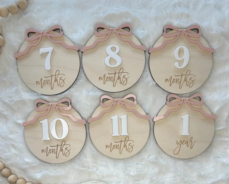 Wooden Baby Monthly Milestone Markers | 3D Ribbon Bow Photo Prop - Etsy | Etsy (US)