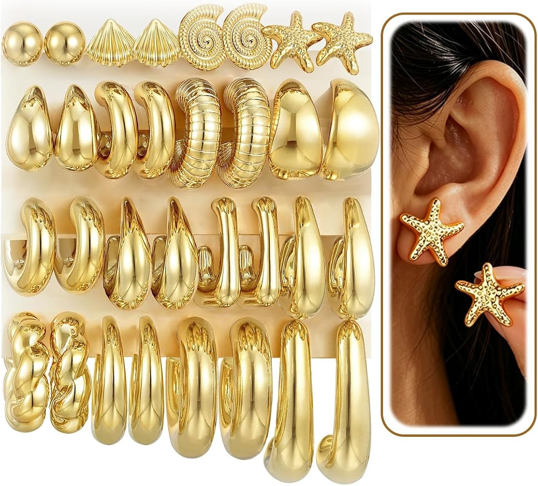 16 Pairs Starfish Chunky Gold Hoop Earrings Set for Women, Beach Shell Style Stack Statement Earr... | Amazon (US)