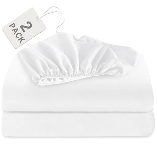 Biloban Twin Fitted Sheet 2 Pack, Twin Bedding Fitted Sheets Only with Deep Pocket up to 14", Bottom Sheet, Shrinkage & Stain Resistant Fitted Bed Sheets, Wrinkle Free & Easy Care, White | Amazon (US)