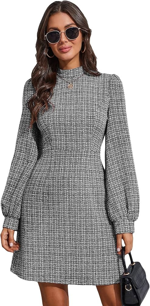 WDIRARA Women's Plaid Tweed Mock Neck Lantern Long Sleeve Dress Casual A Line Dresses | Amazon (US)