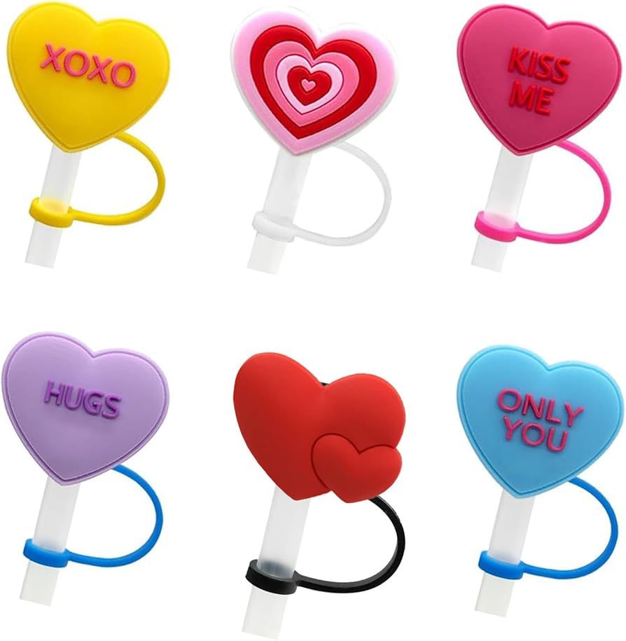 6 Pcs Heart Straw Cover Cap Valentines Day Silicone Straw Covers Cute Straw Toppers Reusable Drin... | Amazon (US)