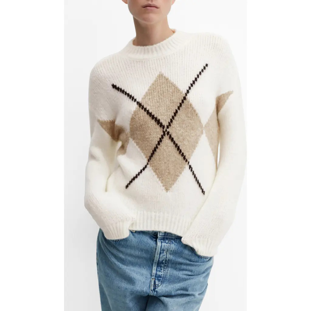 MANGO Argyle Crewneck Sweater in Light Beige at Nordstrom, Size Small | Nordstrom