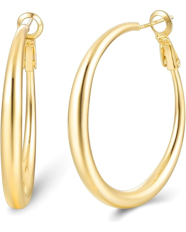 Jewlpire 14K Gold Plated Hoop Earrings with 925 Sterling Silver Post, Lightweight & Hypoallergeni... | Amazon (US)
