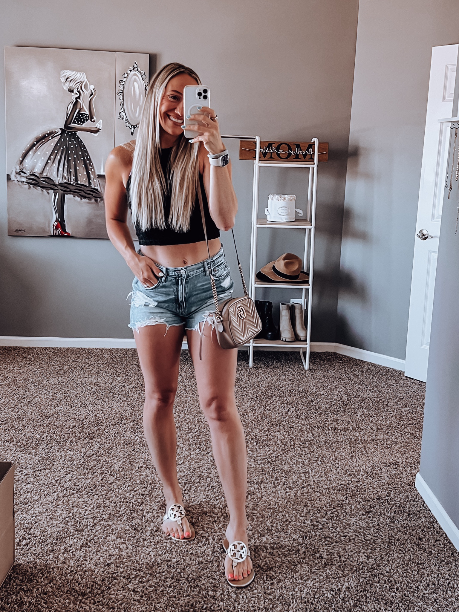 Casual outfit idea, date night outfit, vacation outfit, travel outfit, dinner outfit, resort wear, beach vacation, black purse, small purse, designer inspired purse, distressed jean shorts, blue Jean shorts, black crop top, black long sleeve shirt, Tory Burch sandals, Miller sandals, gold hoop earrings, small hoop earrings

#LTKFindsUnder50 #LTKSaleAlert #LTKSummerSales