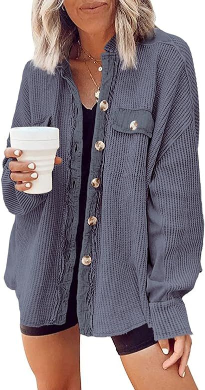 Yanekop Womens Waffle Knit Shirt Jacket Corduroy Shacket Boyfriend Blouse Button Down Long Sleeve To | Amazon (US)