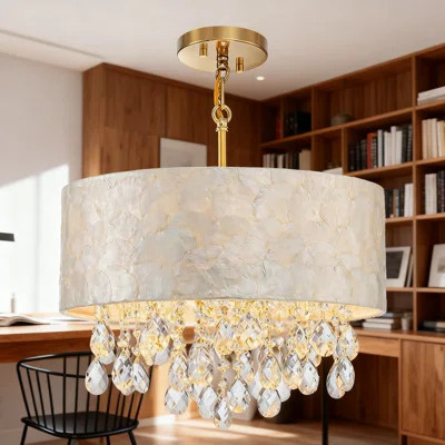 Coastal Style Capiz Shell Chandelier With Crystal Accents, Adjustable Height Pendant Light Fixture For Dining Room And Living Room, Gold Finish | Wayfair North America