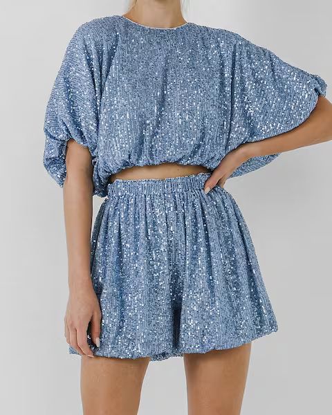 Endless Rose Sequin Cropped Puff Sleeve Top | Express