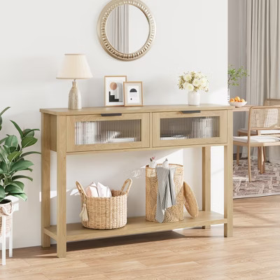 43 Inch Entryway Table, Wood Console Table with 2 Glass Drawers, 2 Tier Sofa Table with Storage for Living Room, Foyer Tables for Entryway-Burlywood | Target