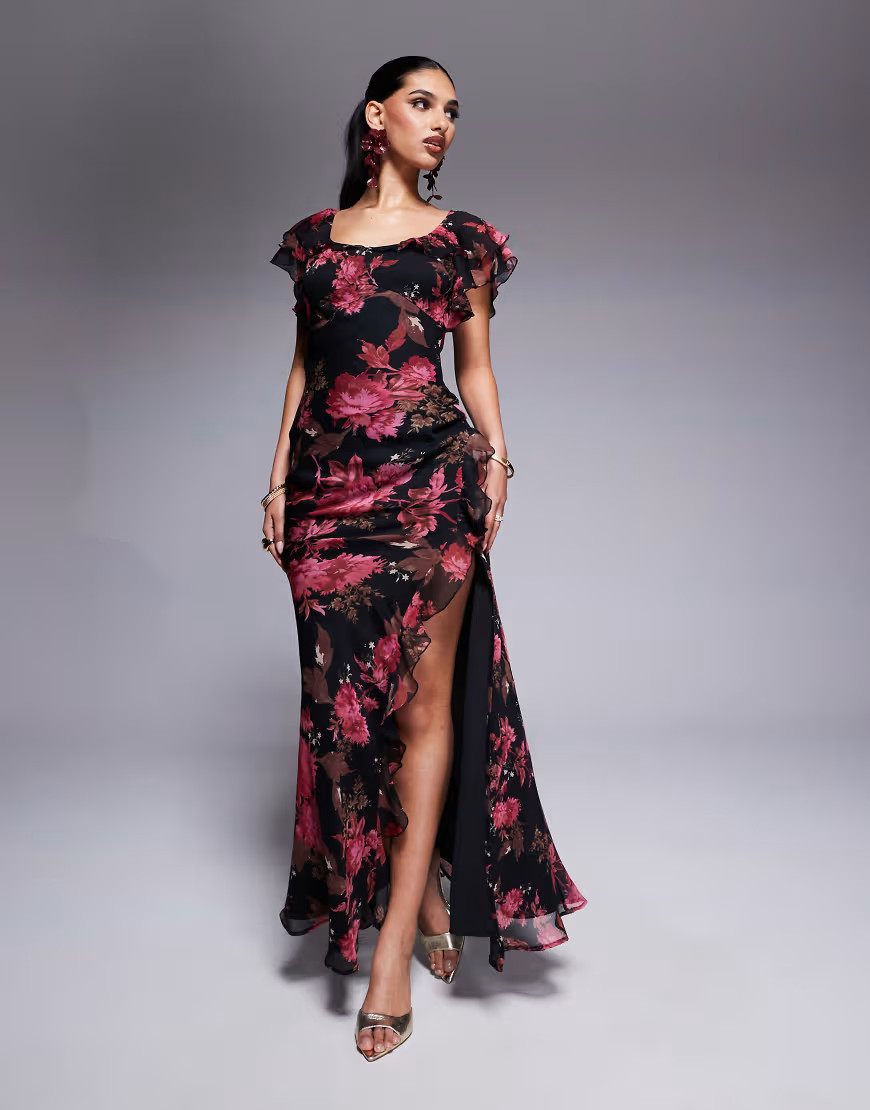 ASOS DESIGN ruffle flutter sleeve maxi dress with side slit in pink floral print-Multi | ASOS (Global)